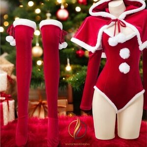NWT Santa Velvet Bodysuit Costume with Hooded Cape and Fur Trim